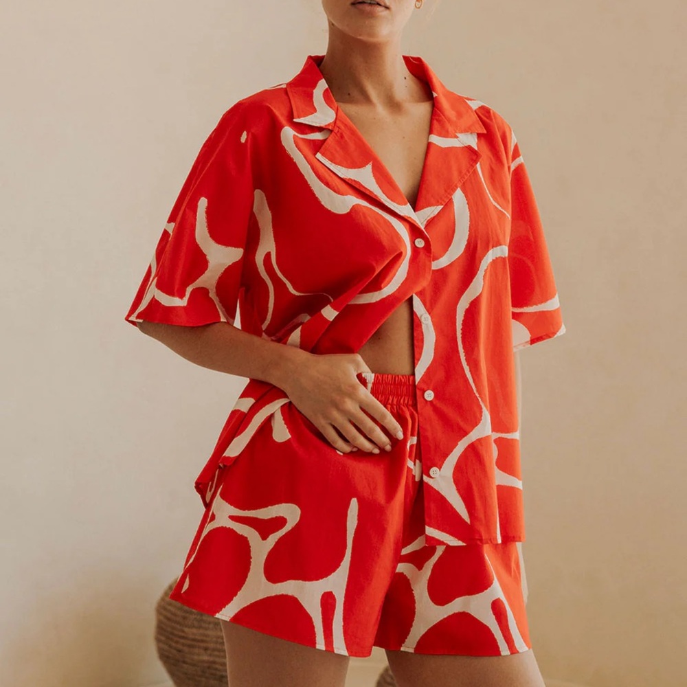 Women's Red Abstract Print Swim Cover-Up Shirt & Shorts Set